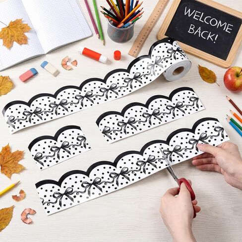 65 ft Coquette Bow Bulletin Board Borders Black and White Classroom Decor Polka Dots Borders for Bulletin Board Scalloped Rolled Trim Bow DIY Decoration for Classroom Home School in Kuwait