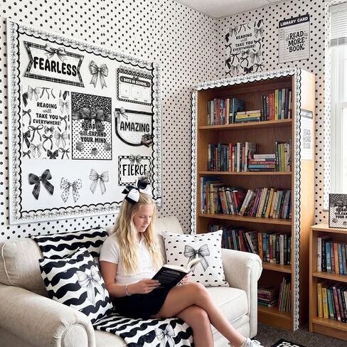 65 ft Coquette Bow Bulletin Board Borders Black and White Classroom Decor Polka Dots Borders for Bulletin Board Scalloped Rolled Trim Bow DIY Decoration for Classroom Home School in Kuwait