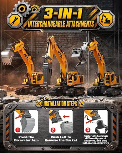 Remote Control Excavator Toy for Boys, 1:18 14-Channel RC Excavator with Alloy Bucket, 3 Attachments, 2×1200mAh Batteries, Construction Truck Toy for Sandbox Outdoor Play, Birthday Gift for Kids in Saudi Arabia