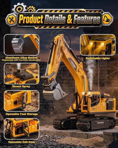 Remote Control Excavator Toy for Boys, 1:18 14-Channel RC Excavator with Alloy Bucket, 3 Attachments, 2×1200mAh Batteries, Construction Truck Toy for Sandbox Outdoor Play, Birthday Gift for Kids in Saudi Arabia