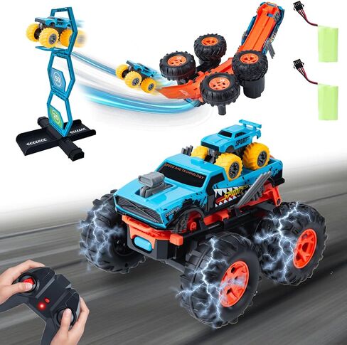 سيارة تحكم عن بعد مع مسار قاذف تحويل 2 في 1 - 1:16 RC Monster Truck Toys، قائمة بذاتها بزاوية 360 درجة تقلب سحب سيارات صغيرة 2.4 جيجا هرتز وشاحنة بوابة تسجيل كهربائية، هدية للأطفال الأولاد والبنات من سن 3 إلى 10 سنوات in Kuwait