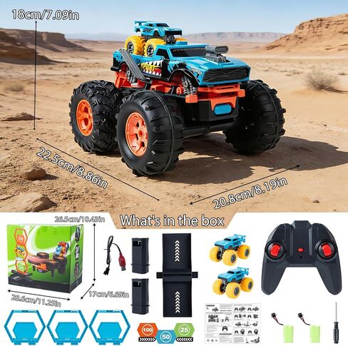 سيارة تحكم عن بعد مع مسار قاذف تحويل 2 في 1 - 1:16 RC Monster Truck Toys، قائمة بذاتها بزاوية 360 درجة تقلب سحب سيارات صغيرة 2.4 جيجا هرتز وشاحنة بوابة تسجيل كهربائية، هدية للأطفال الأولاد والبنات من سن 3 إلى 10 سنوات in Kuwait