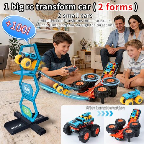 سيارة تحكم عن بعد مع مسار قاذف تحويل 2 في 1 - 1:16 RC Monster Truck Toys، قائمة بذاتها بزاوية 360 درجة تقلب سحب سيارات صغيرة 2.4 جيجا هرتز وشاحنة بوابة تسجيل كهربائية، هدية للأطفال الأولاد والبنات من سن 3 إلى 10 سنوات in Kuwait