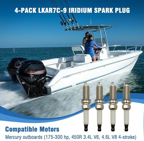 4-Pack LKAR7C-9 Iridium Spark Plug – Fits Mercury Outboard Motors 175-300 HP, 450R V6/V8 4-Stroke Outboards – Replaces 93961, 8M0135348, 33-8M0135348 in Kuwait
