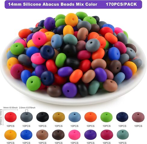 170pcs 14mm Silicone Abacus Beads for Keychain Making Mix Color Lentil Silicone Beads for Pens and Bracelet Crafts(Multicolor Bright) in Saudi Arabia