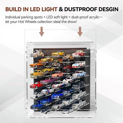 Galumo Display Case Compatible with Hot Wheels & Matchbox Cars,1/64 Scale Diecast Car Storage Case with LED & Dustproof ,Hold up to 30 Cars,for Model Car Display and Storage (Carbon Fiber Style) in Saudi Arabia