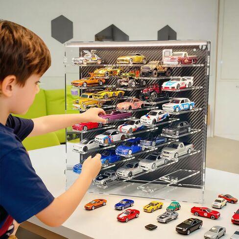 Galumo Display Case Compatible with Hot Wheels & Matchbox Cars,1/64 Scale Diecast Car Storage Case with LED & Dustproof ,Hold up to 30 Cars,for Model Car Display and Storage (Carbon Fiber Style) in Saudi Arabia