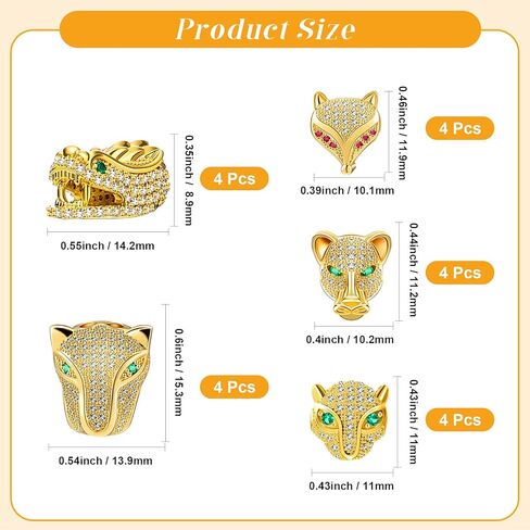 Hicarer 20 Pieces Rhinestone Leopard Tiger Dragon Head Beads Cubic Zirconia Animals Shape Beads 5 Styles Large Hole Spacer Beads Charms for DIY Necklace Bracelets Jewelry Making (Gold, White Zircon) in Saudi Arabia