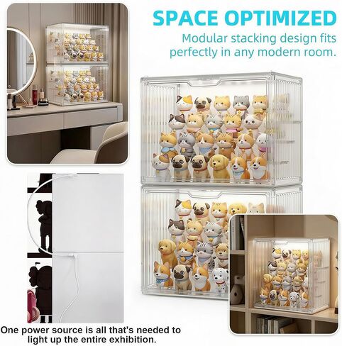 LED Acrylic Display Case with Stackable Design,Dustproof Clear Display Cabinet with Magnetic Door, 3-Tier Shelves, Lighted Display Case for Figures, Models & Figurines & Hobby Collections in Saudi Arabia