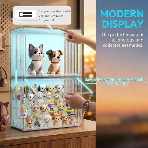 LED Acrylic Display Case with Stackable Design,Dustproof Clear Display Cabinet with Magnetic Door, 3-Tier Shelves, Lighted Display Case for Figures, Models & Figurines & Hobby Collections in Saudi Arabia