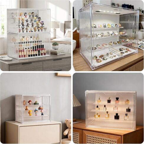 LED Acrylic Display Case with Stackable Design,Dustproof Clear Display Cabinet with Magnetic Door, 3-Tier Shelves, Lighted Display Case for Figures, Models & Figurines & Hobby Collections in Saudi Arabia