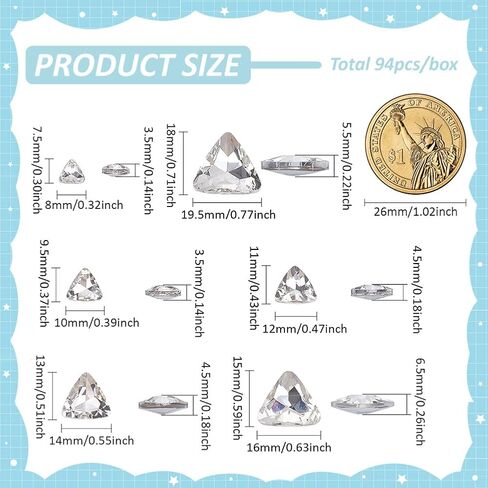 FINGERINSPIRE 94 Pcs Pointed Back Rhinestone Triangle 7.5mm 9.5mm 11mm 13mm 15mm 18mm Crystal Faceted Rhinestone Glass Rhinestones Pointback Triangle Shape Gemstone Stones Faceted Glass Rhinestones in Saudi Arabia