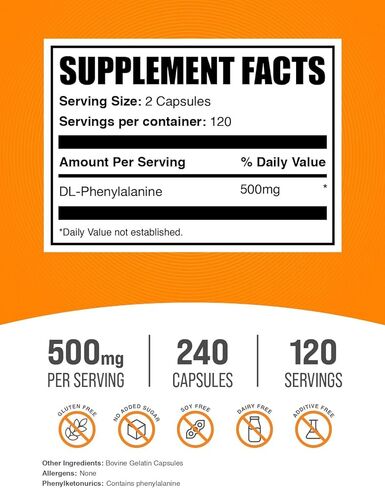 BulkSupplements.com DL-Phenylalanine Capsules - DLPA Capsules, DL-Phenylalanine 500mg - DLPA Supplements, Gluten Free - 2 Capsules per Serving, 240 Capsules (Pack of 1) in Saudi Arabia