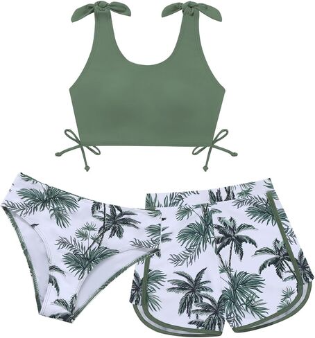 Weixinbuy Girls Swimsuit Bikini Set 3 Piece Kids Tropical Print Swimwear with Shorts Bathing Suit for Teens 9-16 Years in Saudi Arabia