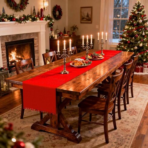 Christmas Table Runner, 14x72 inch Rustic Burlap Table Runner with Pom Pom Red Dining Table Runner for Christmas Wedding Valentine's Day Party Decorations in Saudi Arabia