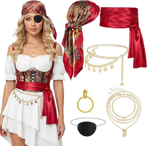 Pirate Accessories for Women Captain Pirate Costume Women with Head Scarf Sash Chain Belt Necklace Eye Patch Party Outfit in Saudi Arabia