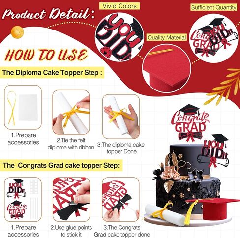 4 Pcs Congrats Grad Cake Topper Includes You Did It Cake Topper Felt Graduation Cap with Tassel Diploma Decoration for 2025 Senior School University College Graduation Party Supplies(Black) in Saudi Arabia