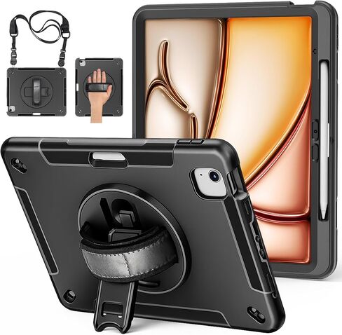 Miesherk Case for iPad Air 13 Inch 2024, iPad Air 13 Inch Case with Built-in Screen Protector, 360° Rotating Stand, Pencil Holder, Adjustable Shoulder Strap, Black in Saudi Arabia