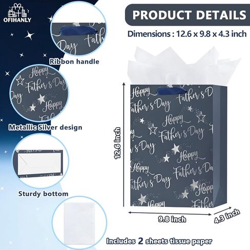 OFIHANLY 12.6" Medium Size Happy Farthers Day Gift Bags with Handles for Dad Navy Blue Paper Gift Wrap Bags with Tissue Paper for Grandfather in Saudi Arabia