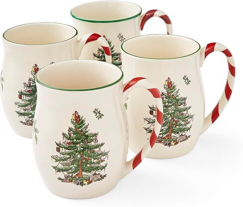 Spode Christmas Tree 14 oz Holiday Mugs (Set of 4) - Festive Coffee Mugs with Peppermint Candy Cane Handle, Stoneware Christmas Mugs Ideal for Hot Cocoa - Holiday Tea Mugs, Winter Beverages in Saudi Arabia