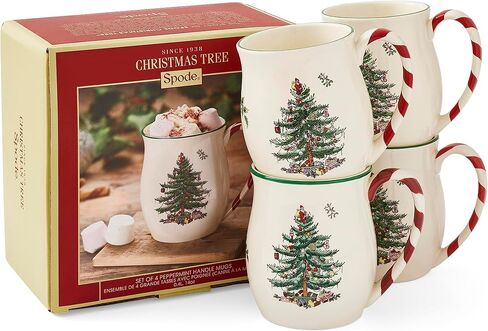 Spode Christmas Tree 14 oz Holiday Mugs (Set of 4) - Festive Coffee Mugs with Peppermint Candy Cane Handle, Stoneware Christmas Mugs Ideal for Hot Cocoa - Holiday Tea Mugs, Winter Beverages in Saudi Arabia