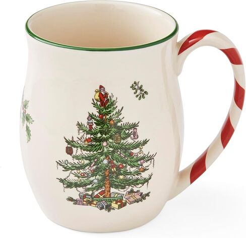 Spode Christmas Tree 14 oz Holiday Mugs (Set of 4) - Festive Coffee Mugs with Peppermint Candy Cane Handle, Stoneware Christmas Mugs Ideal for Hot Cocoa - Holiday Tea Mugs, Winter Beverages in Saudi Arabia
