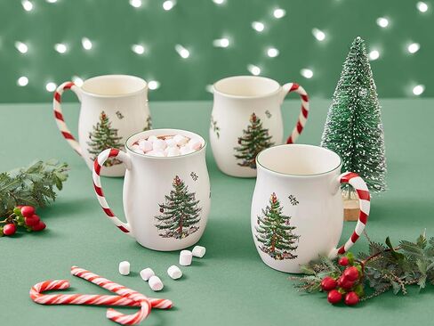 Spode Christmas Tree 14 oz Holiday Mugs (Set of 4) - Festive Coffee Mugs with Peppermint Candy Cane Handle, Stoneware Christmas Mugs Ideal for Hot Cocoa - Holiday Tea Mugs, Winter Beverages in Saudi Arabia