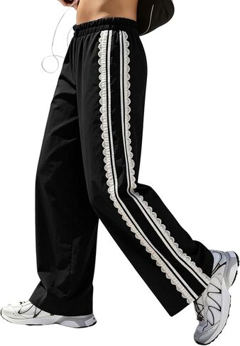 Women Baggy Track Pants Lace Side Stripe Drawstring Elastic Waist Wide Leg Parachute Pants with Pockets in Kuwait