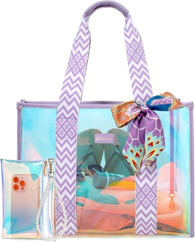 F-color Iridesent Beach Bag for Women - Waterproof Beach Tote Clear Pool Bag with Phone Pouch for Cruise Vacation Essentials in Saudi Arabia