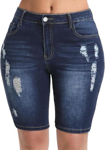 Women's Ripped Stretchy Bermuda Shorts High Waisted Long Denim Jean Shorts in Saudi Arabia