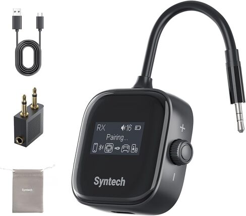 Syntech Airplane Bluetooth Transmitter Receiver for Airpods or Headphones, LED Display Dual Pairs Low Latency Wireless Bluetooth 5.3 Audio Adapter with Extra Dual 3.5mm AUX Adapter for Flight Car in Saudi Arabia