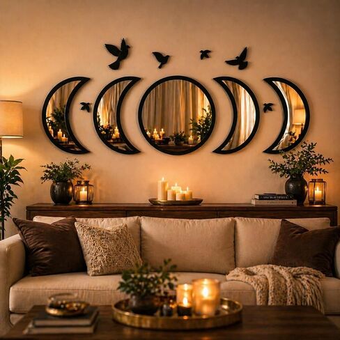 NESHE Moon Phase Mirror Set with Birds | Scandinavian Natural Home Boho Wall Decor | Aesthetic Witchy Bohemian Indoor Gothic Art Decorations for Living Room (White) in Saudi Arabia