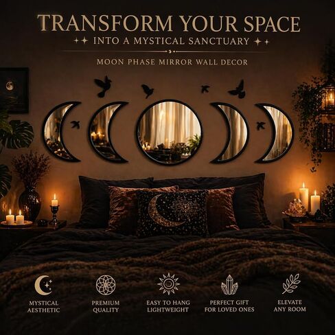 NESHE Moon Phase Mirror Set with Birds | Scandinavian Natural Home Boho Wall Decor | Aesthetic Witchy Bohemian Indoor Gothic Art Decorations for Living Room (White) in Saudi Arabia