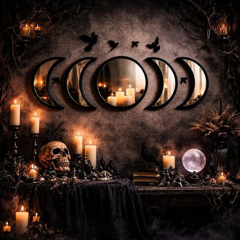NESHE Moon Phase Mirror Set with Birds | Scandinavian Natural Home Boho Wall Decor | Aesthetic Witchy Bohemian Indoor Gothic Art Decorations for Living Room (White) in Saudi Arabia