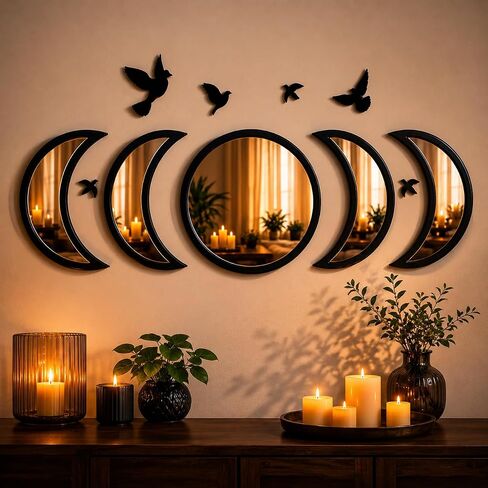 NESHE Moon Phase Mirror Set with Birds | Scandinavian Natural Home Boho Wall Decor | Aesthetic Witchy Bohemian Indoor Gothic Art Decorations for Living Room (White) in Saudi Arabia