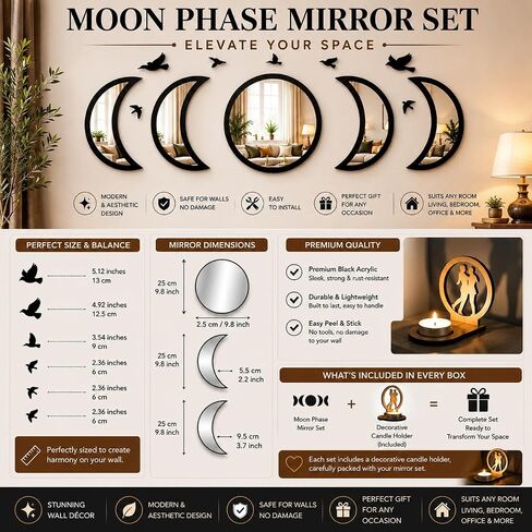 NESHE Moon Phase Mirror Set with Birds | Scandinavian Natural Home Boho Wall Decor | Aesthetic Witchy Bohemian Indoor Gothic Art Decorations for Living Room (White) in Saudi Arabia