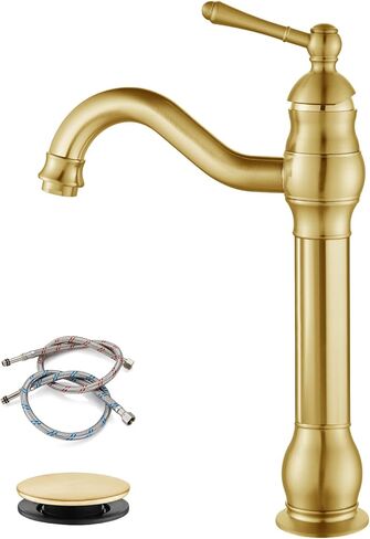 gotonovo Vessel Sink Faucet 360° Swivel Spout Single Handle Tall Bathroom Faucet 1 Hole Farmhouse Lavatory Washbasin Mixer Tap Matching Supply Hoses, with Pop Up Drain, Matte Black in Saudi Arabia