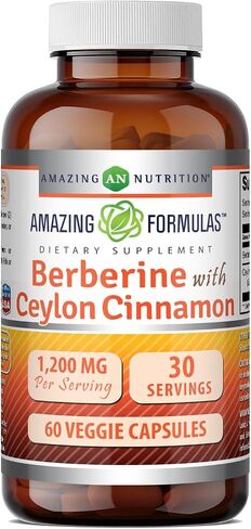 Amazing Formulas Berberine with Pure Ceylon Cinnamon 1200 Mg Per Serving | Premium Complex Supplement | Veggie Capsules | Non-GMO | Gluten Free | Made in USA (1 Pack, 60 Count) in Saudi Arabia