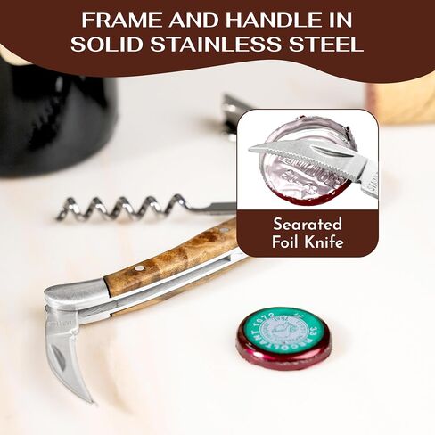 The Wine Chic Premium Professional Corkscrew Wine Opener with Elegant Wood Handle, Manual Wine Key with Foil Knife and Cap Bottle Opener for Bartenders, Waiters and Sommeliers in Saudi Arabia