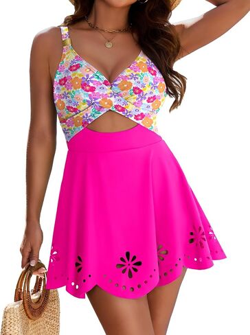 Women One Piece Swimsuit Tummy Control Cutout Skirt Bathing Suit Gold Metal Twist Front Swim Dress in Saudi Arabia