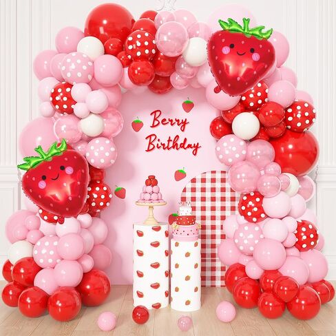 Ouddy Life Strawberry Balloon Garland Arch Kit, 171pcs Strawberry Party Decoration Red Pink Polka Dot Strawberry Foil Balloons for Sweet Girl Baby Shower Berry First Fruit Themed Birthday Supplies in Saudi Arabia