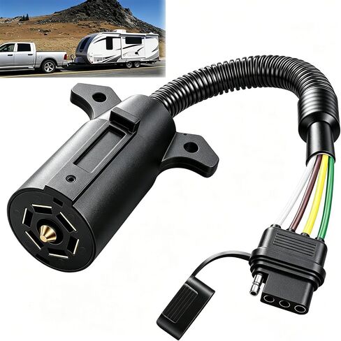 7 Way Trailer Plug 7 Pin to 4 Pin Trailer Adapter 7 Pin Trailer Connector, Vehicle-Side 4 Flat to Trailer-Side 7 Blade and 4 Pin Dual-Output Connector with Mounting Bracket for RV Truck in Kuwait