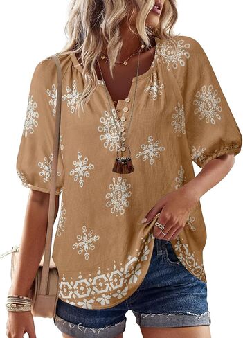 Unixseque Womens Summer Tops V Neck Short Sleeve Blouses Casual Button Down Shirts Floral Boho Clothing Trendy 2025 in Saudi Arabia