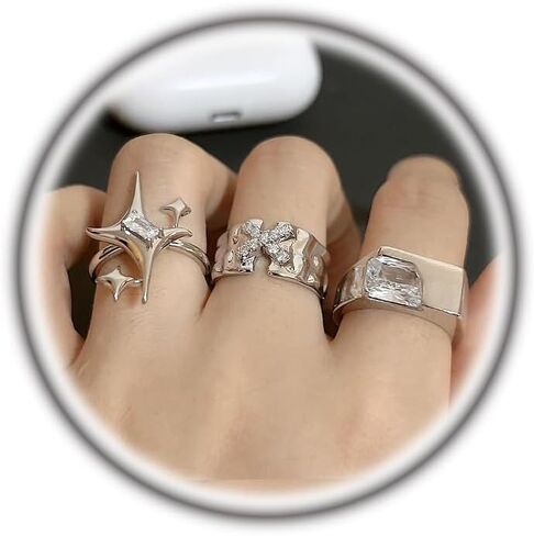 Y2k Silver Star Rings Set for Women Teen Girls,Rhinestone Stacking Layering Cool Ring,Personalized Chunky Irregular Adjustable Opening Knuckle Ring in Saudi Arabia