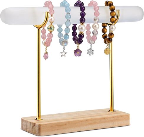 Selenite Bracelet Holder Display Stand Selenite Crystal Healing Goth Bracelet Display Stand Detachable Jewelry Wrap Watch Organizer Holder with Wooden Base for Bangles Charging Cleansing in Kuwait