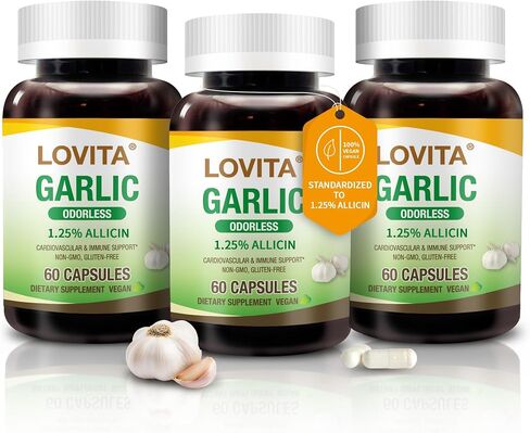 مستخلص الثوم بدون رائحة Lovita ، 50 ملغ 100: 1 التركيز ، فاعلية عالية ، 1.25 ٪ أليسين ، خالية من الغلوتين ، يدعم صحة المناعة والأوعية الدموية ، 60 كبسولات نباتية (حزمة 3) in Kuwait