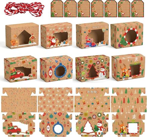 Zhanmai 64 Pcs Christmas Cookie Boxes with Window Holiday Kraft Bakery Treat Boxes Christmas Gift Boxes Xmas Pastry Food Containers with Ribbons DIY Gift Tags for Party Favor Gift Giving (Cute) in Saudi Arabia