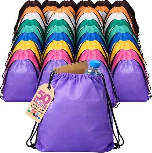 Podzly Bulk 250 Pack Drawstring Backpacks - Brightly Colored Sturdy and Washable Polyester String Bags, 12'' x 15'' - Giveaways for Kids, Trade Shows, Classroom, Summer Activities and Benefit Walk in Kuwait