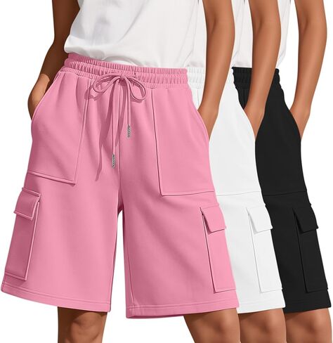 Ficerd 3 Pack Women's Bermuda Shorts Wide Leg Baggy Athletic Cargo SweatShorts Yoga Casual Knee Length Shorts with Pockets in Saudi Arabia
