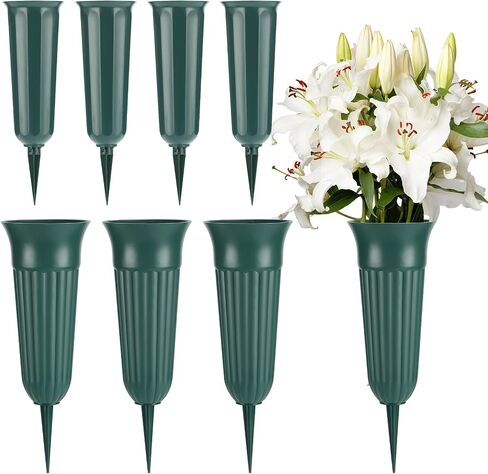 8-Pack Cemetery Vases for Grave - 2 Sizes of Plastic Cone Vase with Foam Flower Holders Spikes, Cemetery Decorations for Patriotic Memorial Grave Accessories (Gray, Green) in Saudi Arabia